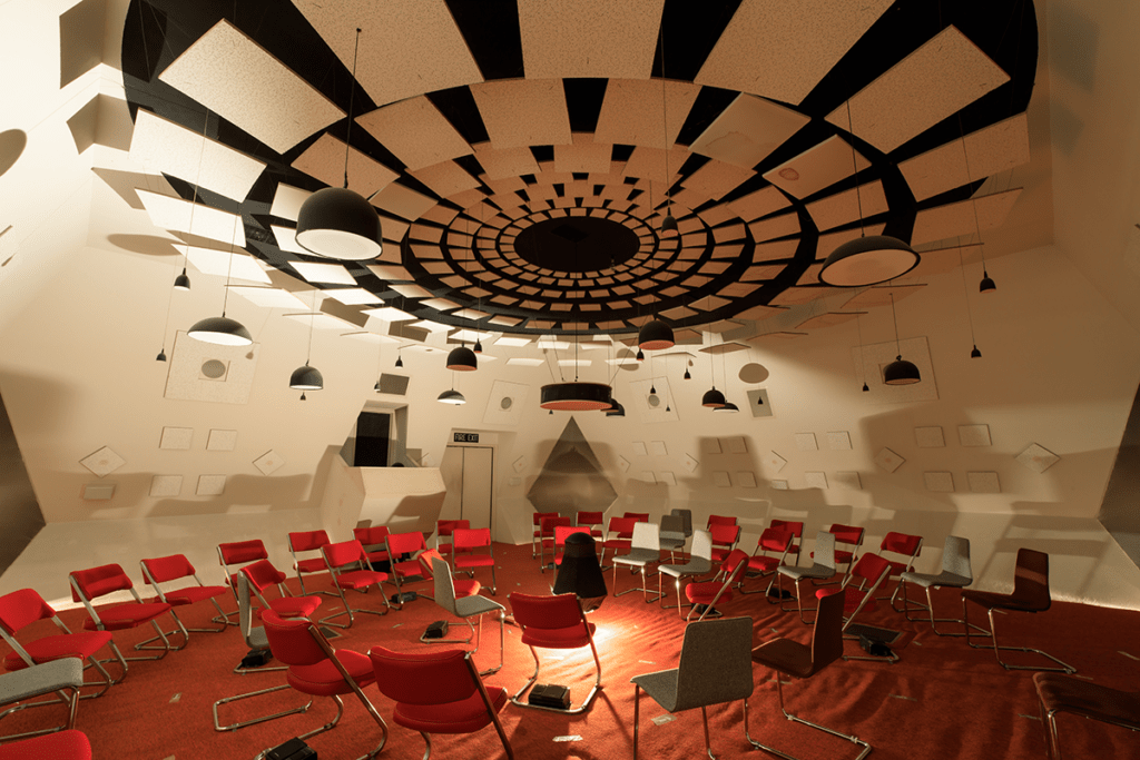 Performance center ceiling sound absorbing material for improved room acoustics to help with noise control