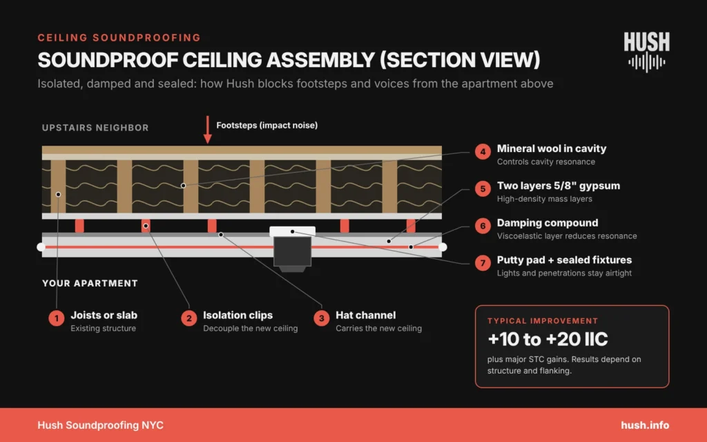 Ceiling assembly diagram with isolation clips, hat channel, mineral wool and two layers of drywall