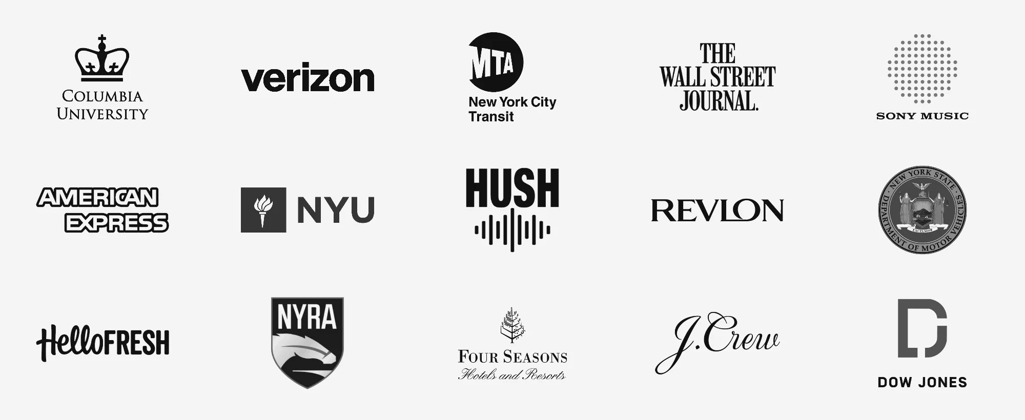 Hush Soundproofing NYC clients: Columbia University, Verizon, MTA New York City Transit, The Wall Street Journal, Sony Music, American Express, NYU, Revlon, NY DMV, HelloFresh, NYRA, Four Seasons, J.Crew and Dow Jones